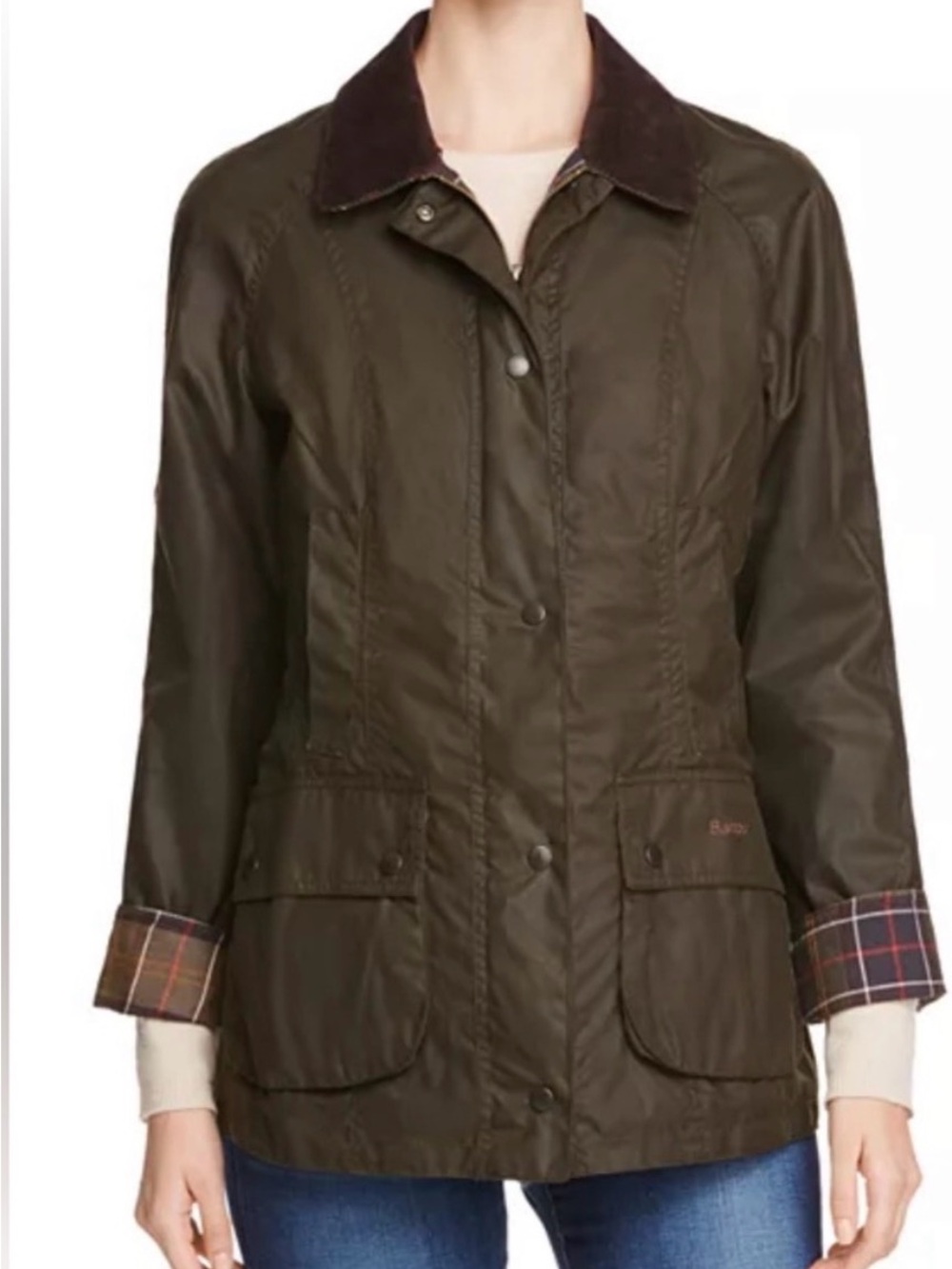 Barbour Olive Green Waxed Utility Jacket with Brown Corduroy Collar